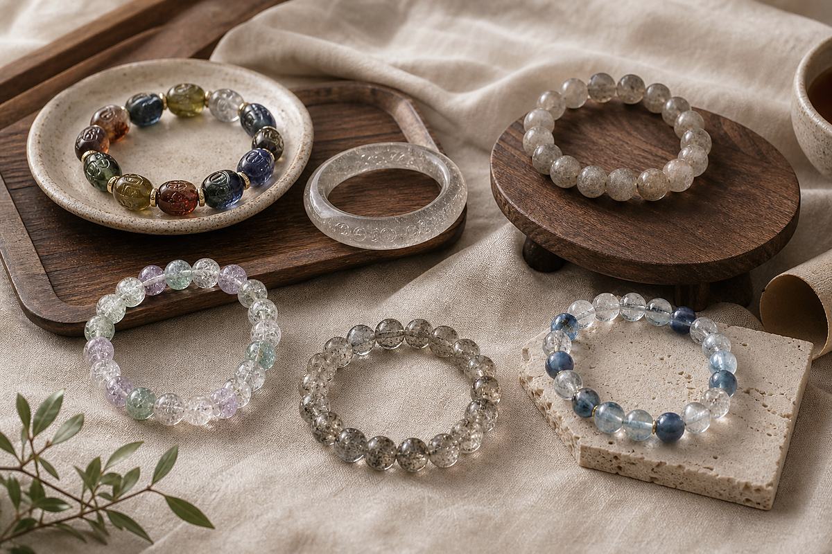Ancient Liuli, incense-ash Liuli, gradient Liuli, and blue-eye style bracelets arranged in small groups