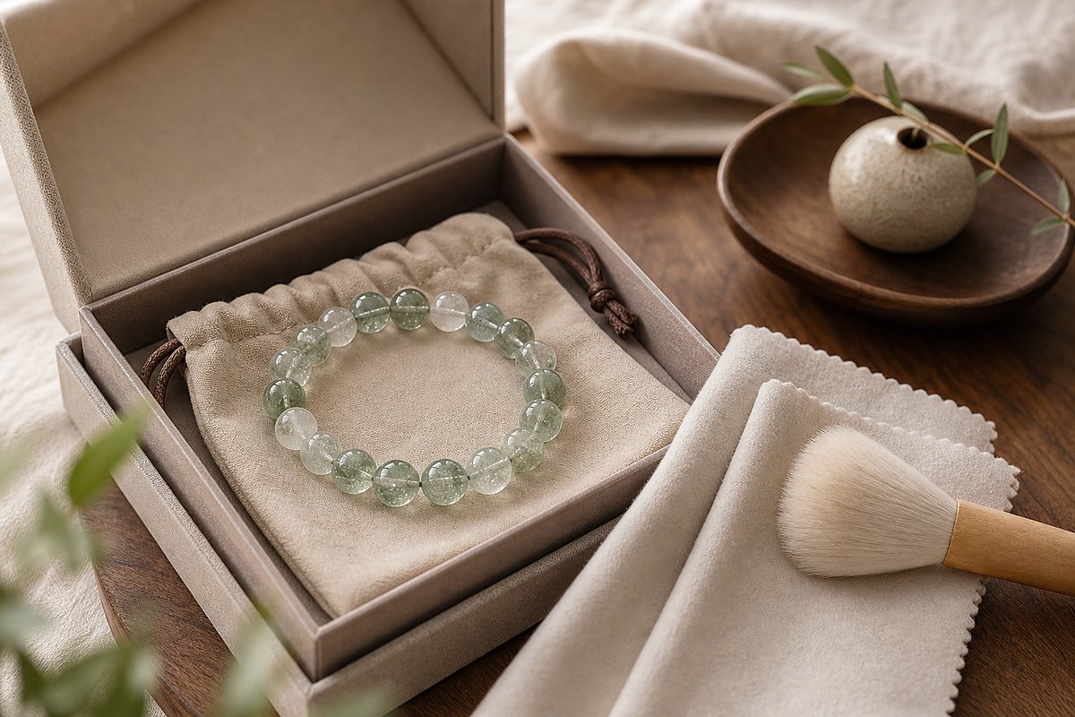 Liuli bracelet stored in a soft beige pouch with a clean cloth inside a simple jewelry box