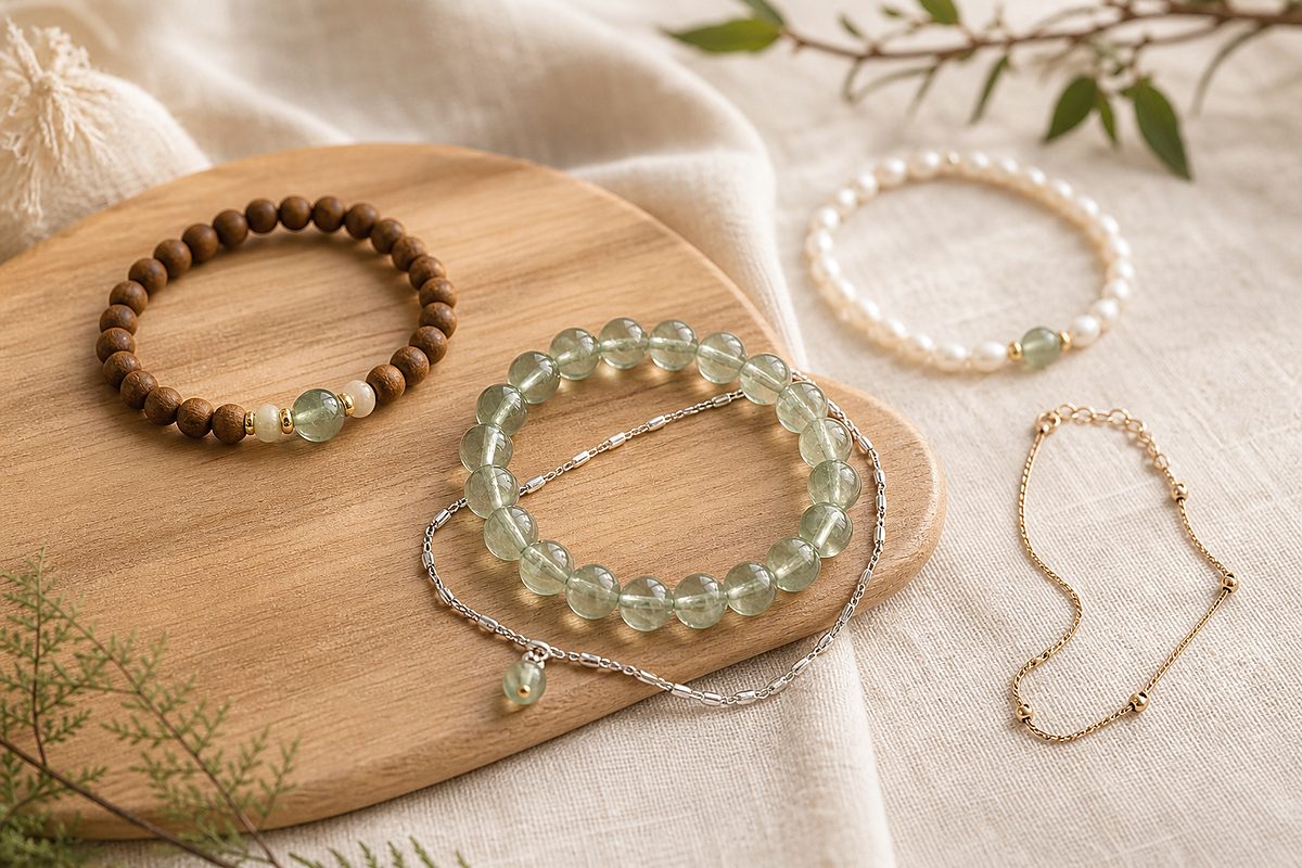 Liuli bracelet paired with silver chain, pearl strand, wooden beads, and fine gold-toned chain