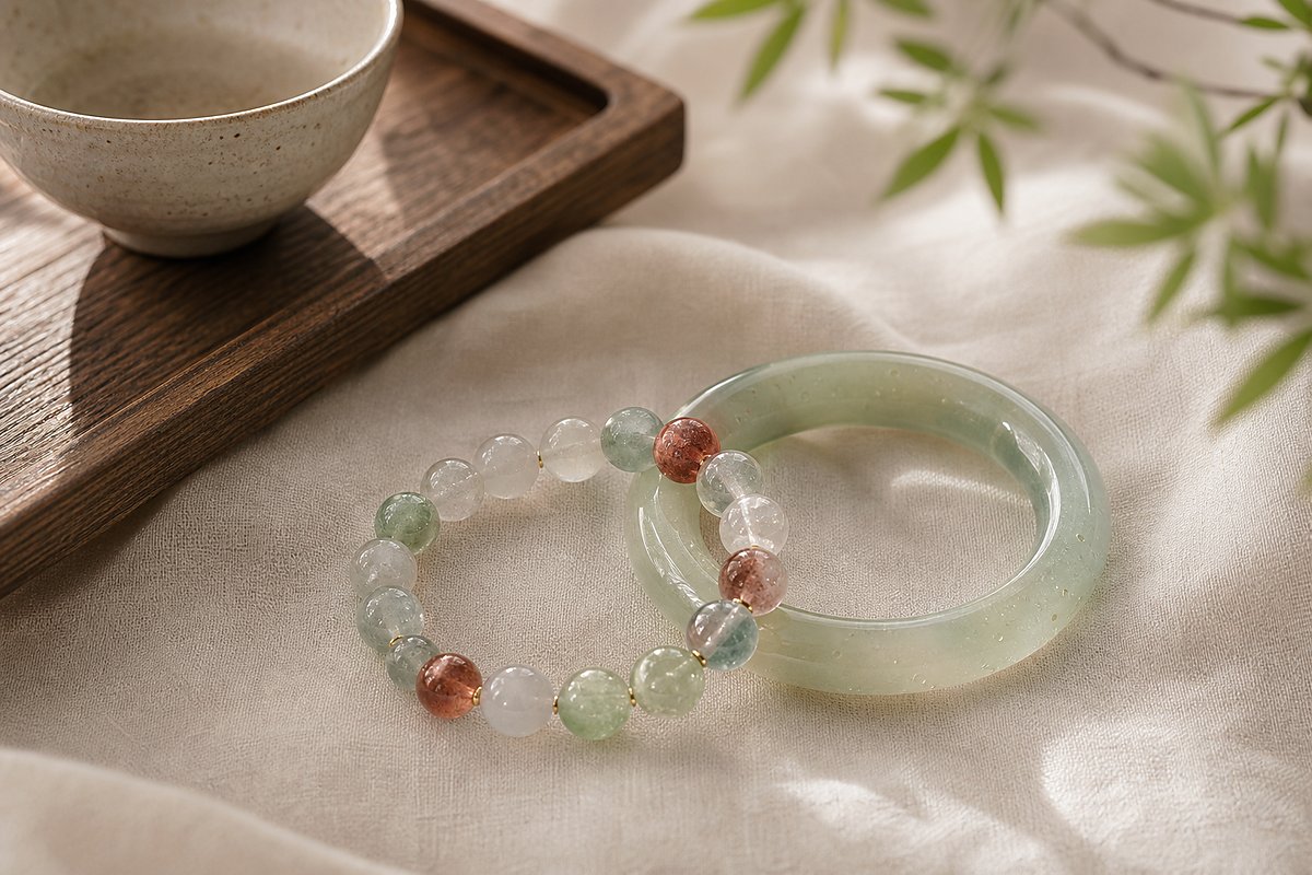 Liuli bangle and bead bracelet on ivory linen with soft natural light and flowing glass color