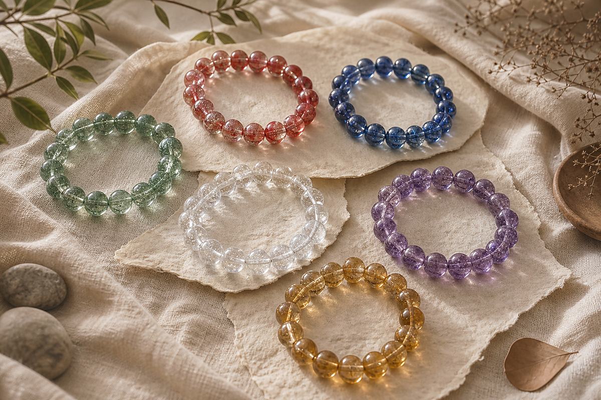 Red, blue, green, white, purple, and amber Liuli beads arranged on ivory linen
