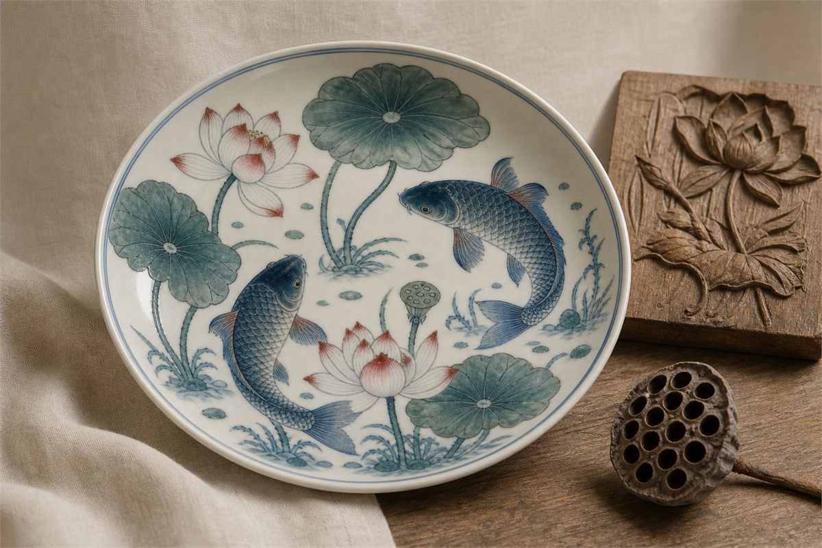 Original porcelain dish painted with carp, sacred lotus leaves, flowers, and seed head beside a carved lotus sample