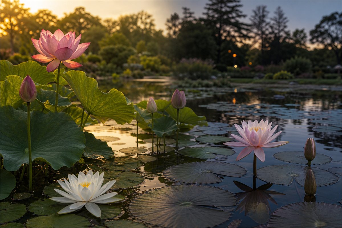 Morning lotus and day-blooming water lily beside an open night-blooming water lily at dusk