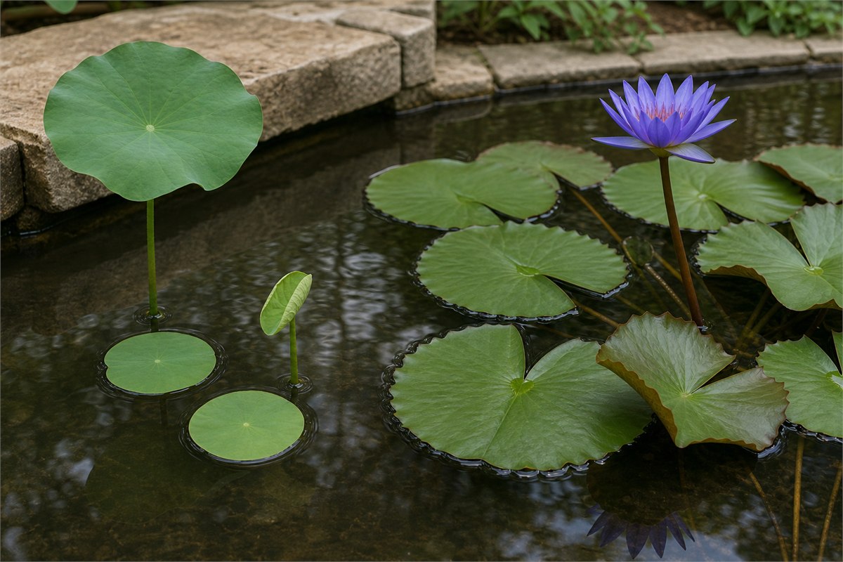 Young lotus with floating unnotched leaves beside a tropical water lily with raised flower and crowded cleft pads