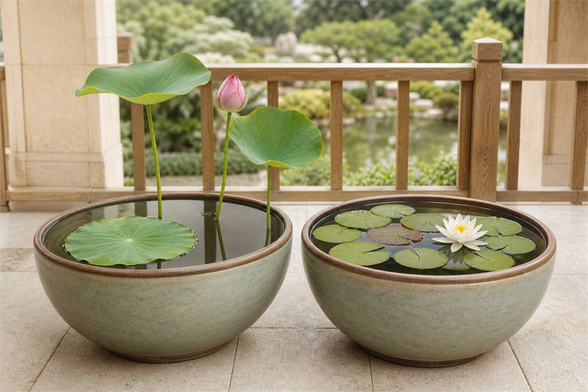 Sacred lotus and water lily growing in separate broad water containers with different leaf forms