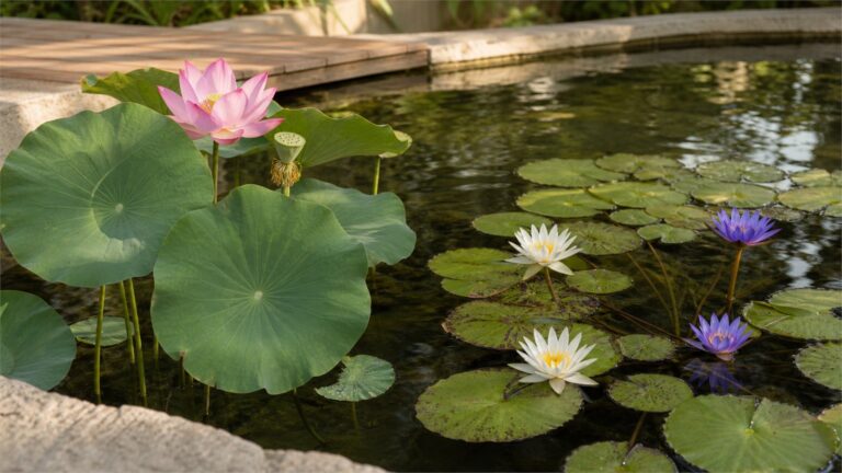 Sacred lotus with upright round leaves beside water lilies with floating cleft pads in a cultivated pond