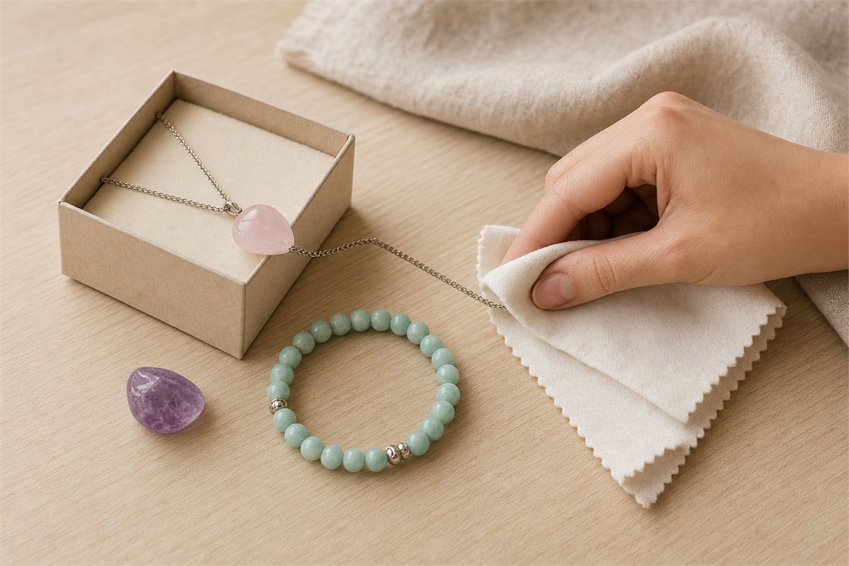 Rose quartz pendant, amazonite bracelet, and amethyst beside a soft dry care cloth