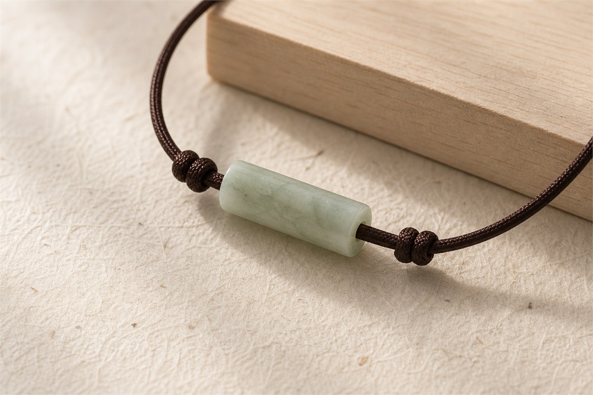 Pale nephrite cylindrical tube bead threaded on dark cord between two stopper knots