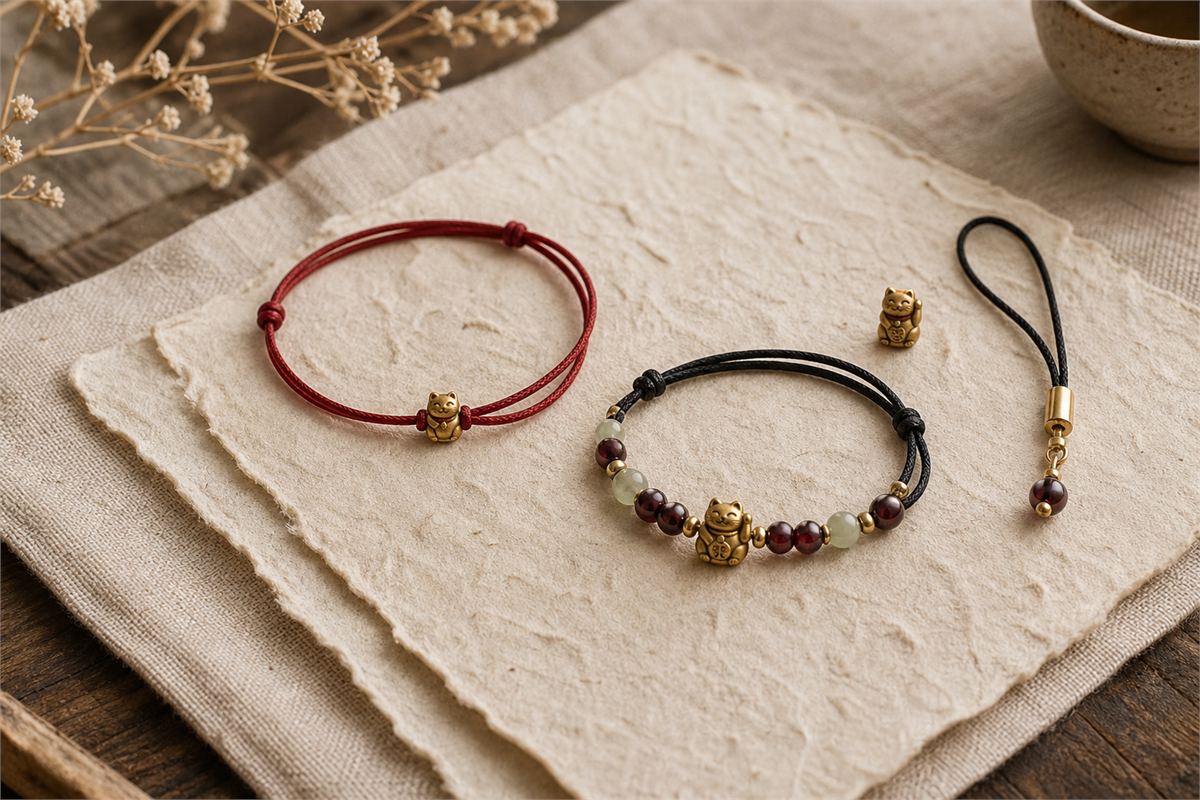 Tiny gold lucky-cat transfer beads paired with red cord, black cord, garnet beads, and pale Hetian jade beads