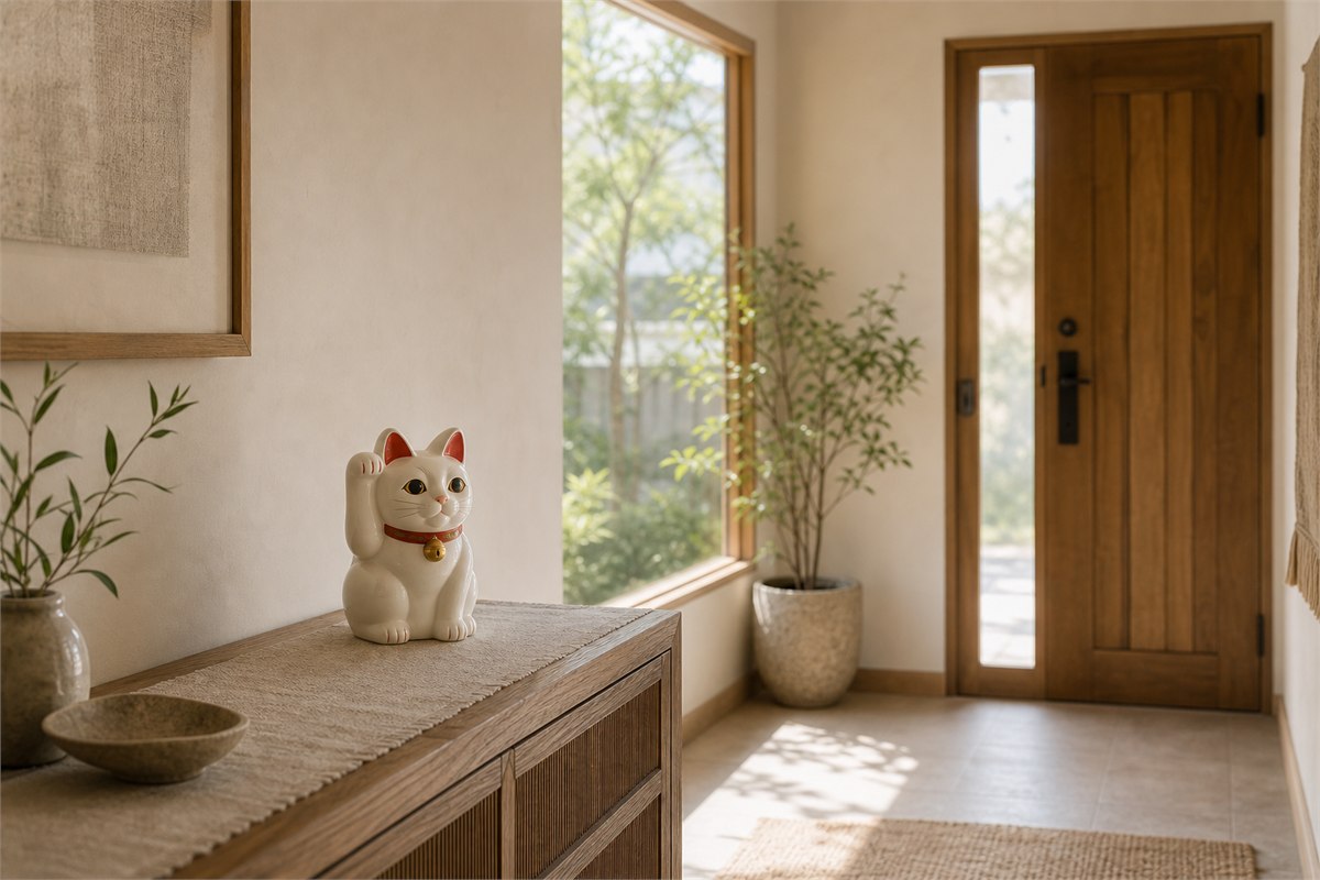White ceramic lucky cat on a clean home entrance console facing the front door and a bright side window