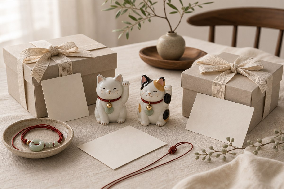 White and calico lucky cats arranged with neutral housewarming and corporate gift boxes, ribbons, and blank cards