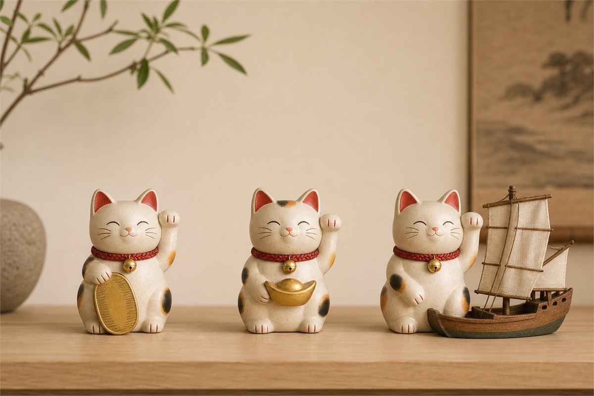 Three small Maneki-neko figures respectively holding a blank oval koban coin, a gold yuanbao ingot, and a miniature treasure ship