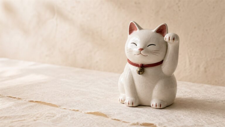 Traditional white ceramic Maneki-neko with its left paw raised, a red collar, and a small brass bell on a warm ivory background