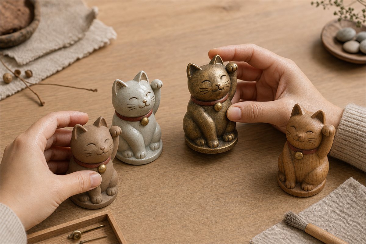 Hands comparing ceramic, metal, resin, and wood lucky cats for clear faces, intact raised paws, and stable flat bases