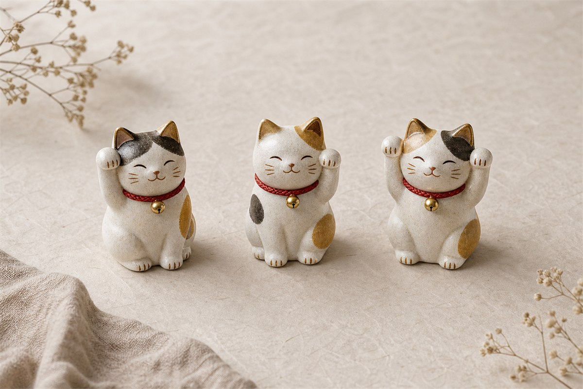Three small ceramic Maneki-neko figures showing left-paw, right-paw, and both-paws-raised forms on neutral handmade paper