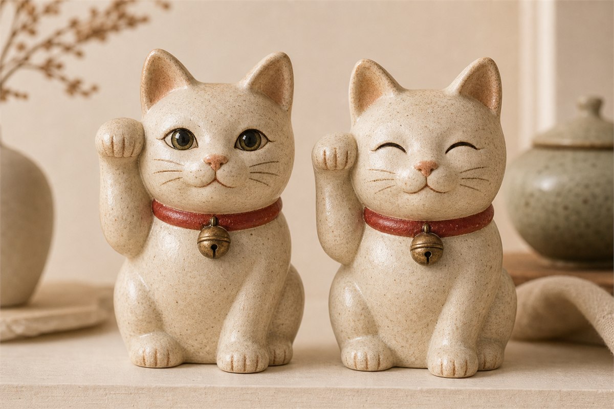 Close view of two ceramic lucky cats, one with open eyes and one with closed eyes, both wearing red collars with brass bells