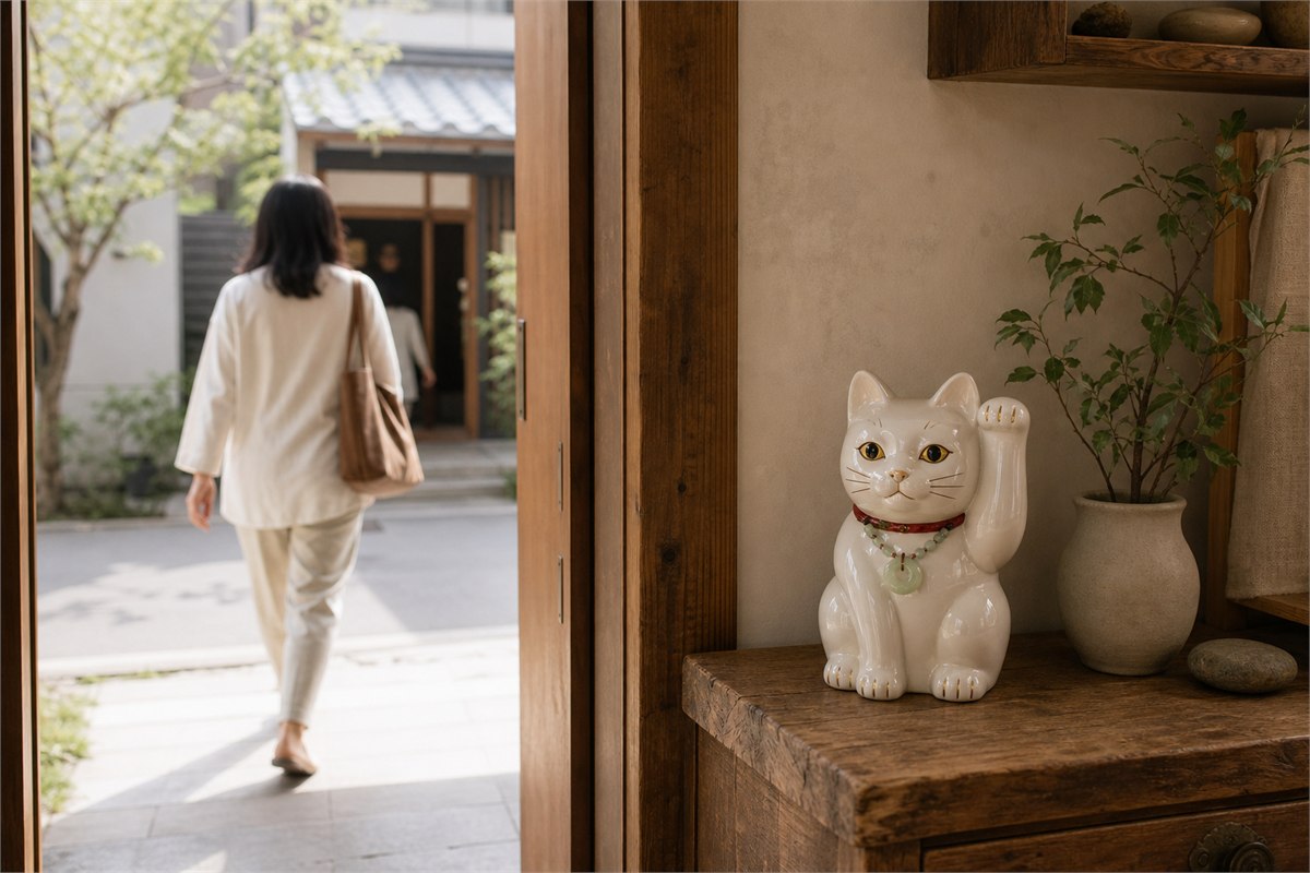 Left-paw ceramic lucky cat displayed near a shop entrance at eye level and facing the arriving customer path
