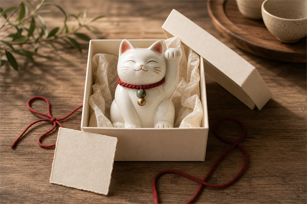 Left-paw white ceramic lucky cat in an open neutral gift box with restrained red cord and a blank meaning card