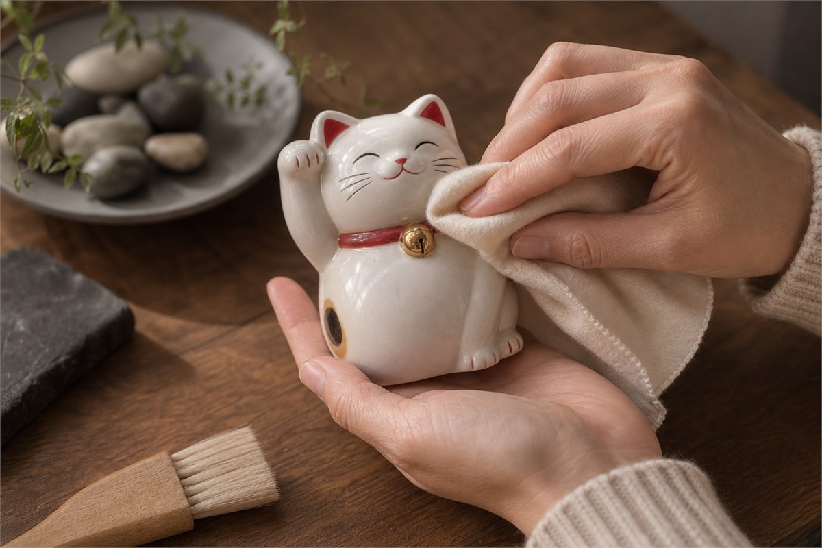 Hands cleaning a white ceramic lucky cat with a soft dry cloth while supporting the figure from its base