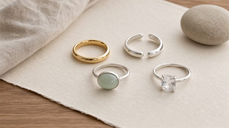Gold, silver, jade, and clear crystal rings arranged on warm ivory paper