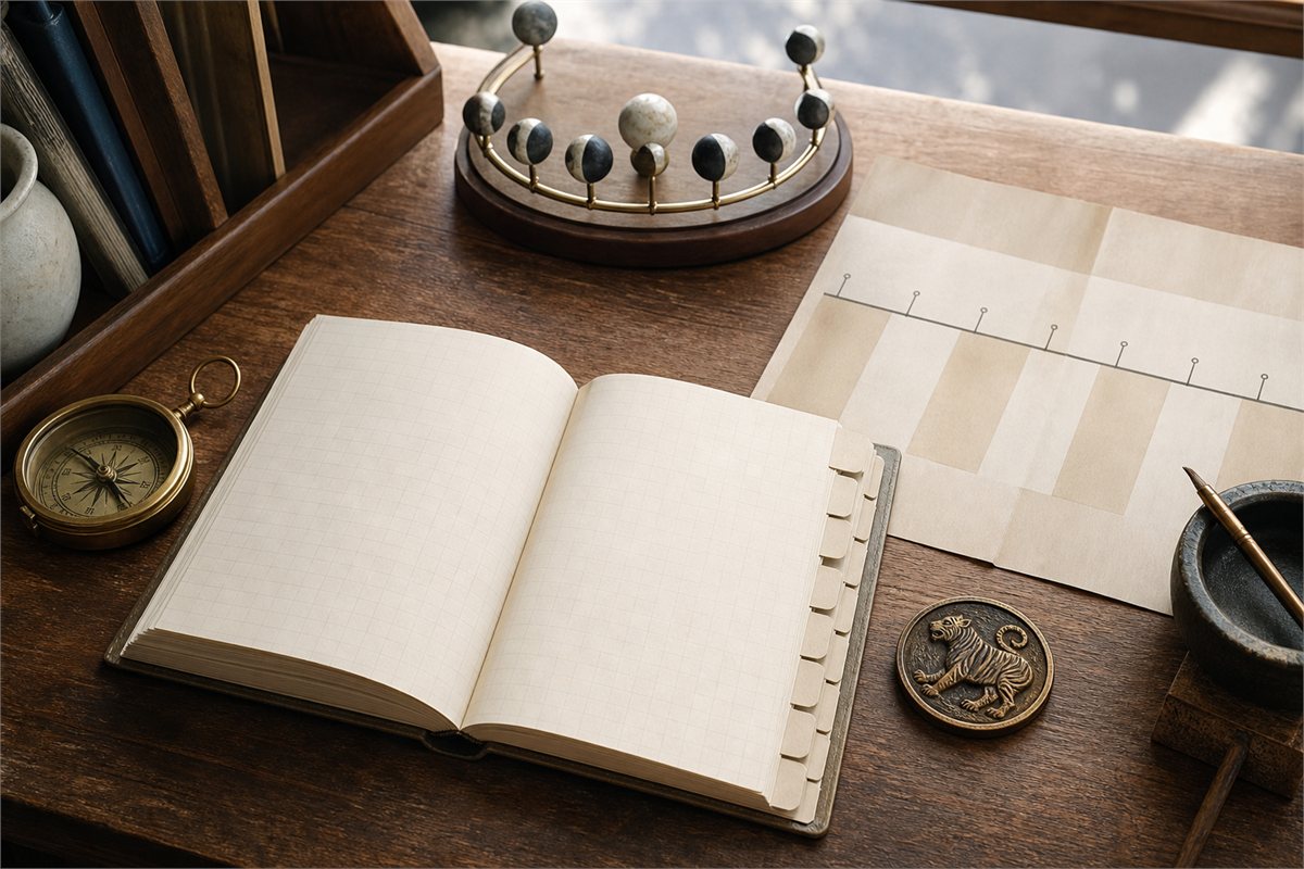 Open blank calendar notebook with lunar phase model, compass, timeline, and tiger token