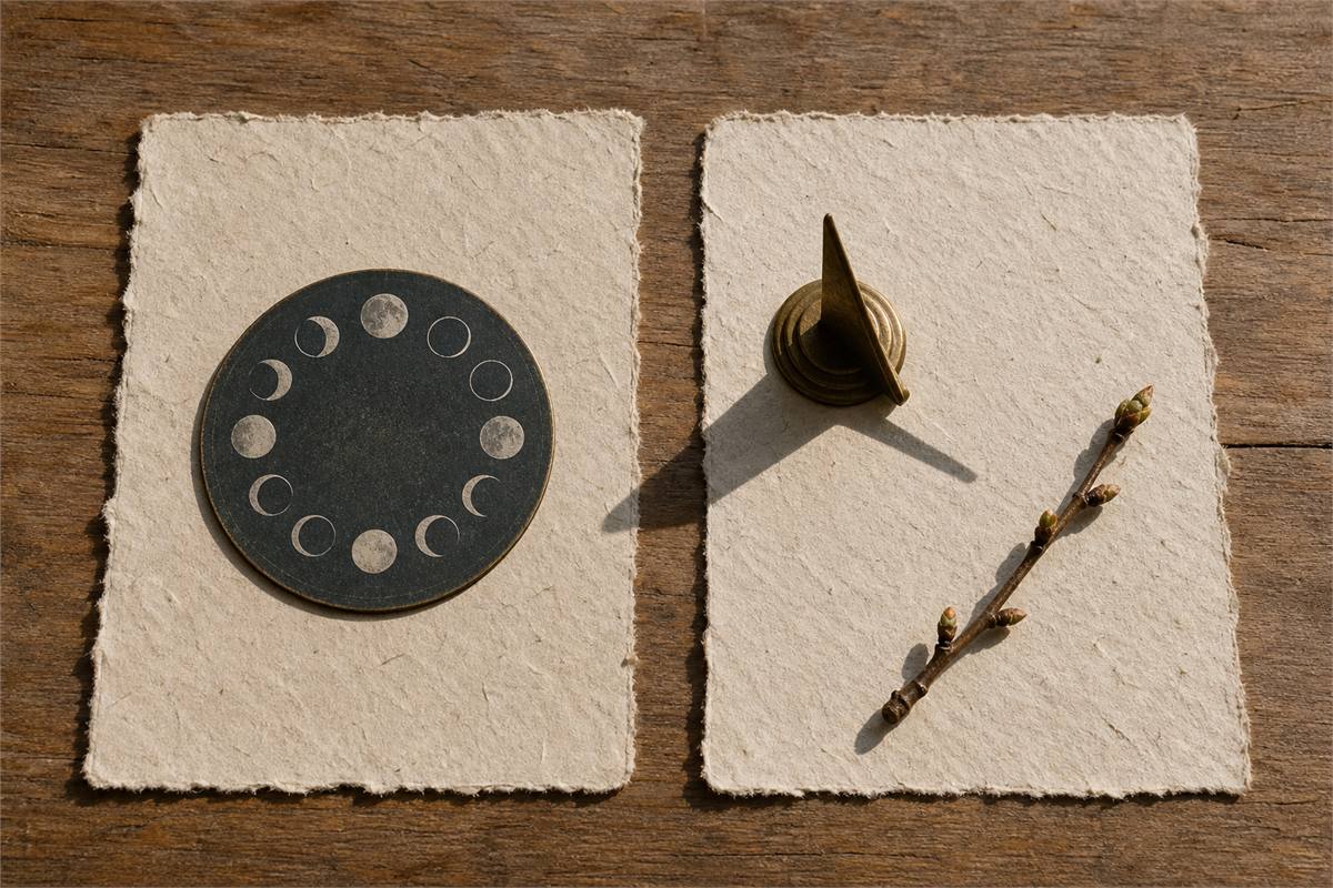Moon-phase disc and seasonal sun-shadow instrument placed on separate calendar papers