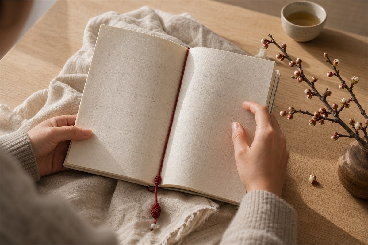 Two hands checking a blank calendar grid beside a red bookmark and early plum buds