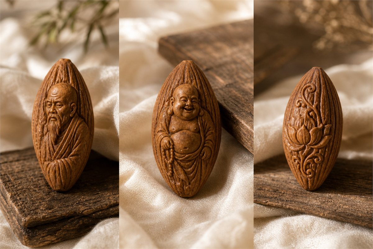 Three olive-pit carvings depicting an arhat elder, Budai, and a lotus motif