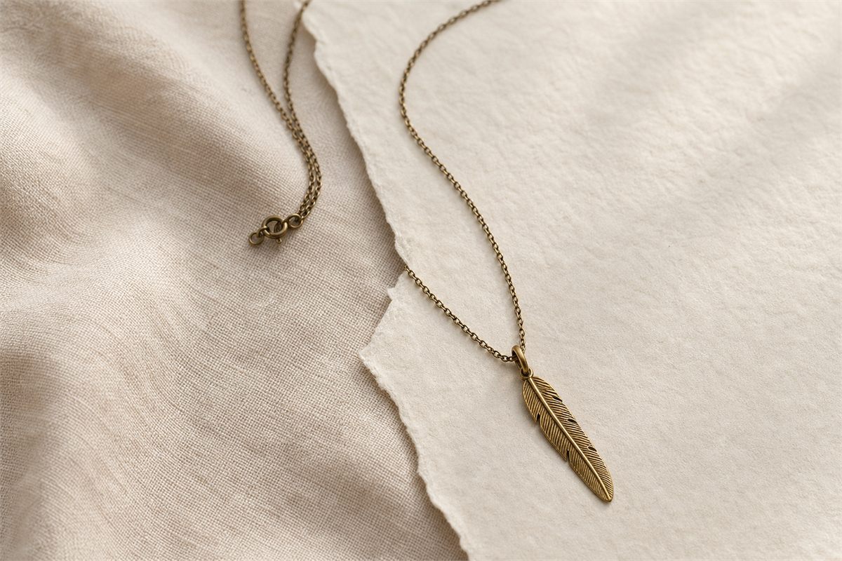 Contemporary brass feather pendant on a simple chain arranged on warm linen and handmade paper