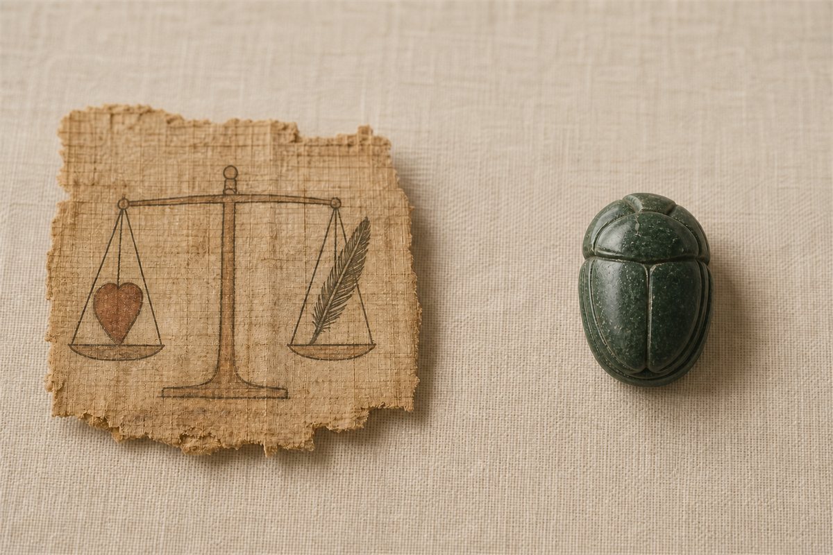 Museum-style comparison of a papyrus heart-and-feather balance detail beside a separate heart scarab amulet