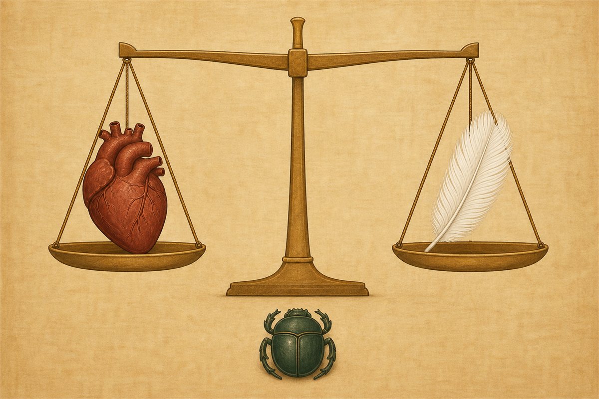 Papyrus-style balance with a human heart on one pan, a white feather on the other, and a green scarab below.