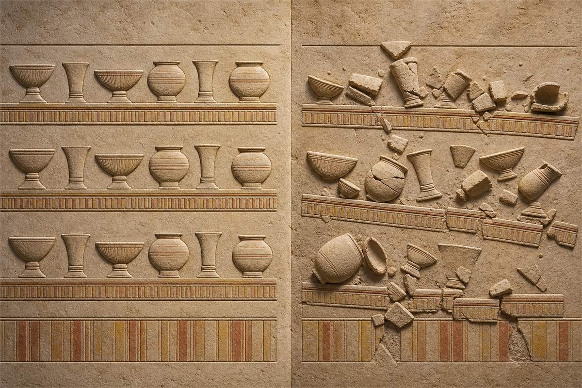 Educational limestone relief study contrasting an orderly ancient Egyptian register with a disrupted fragmented register