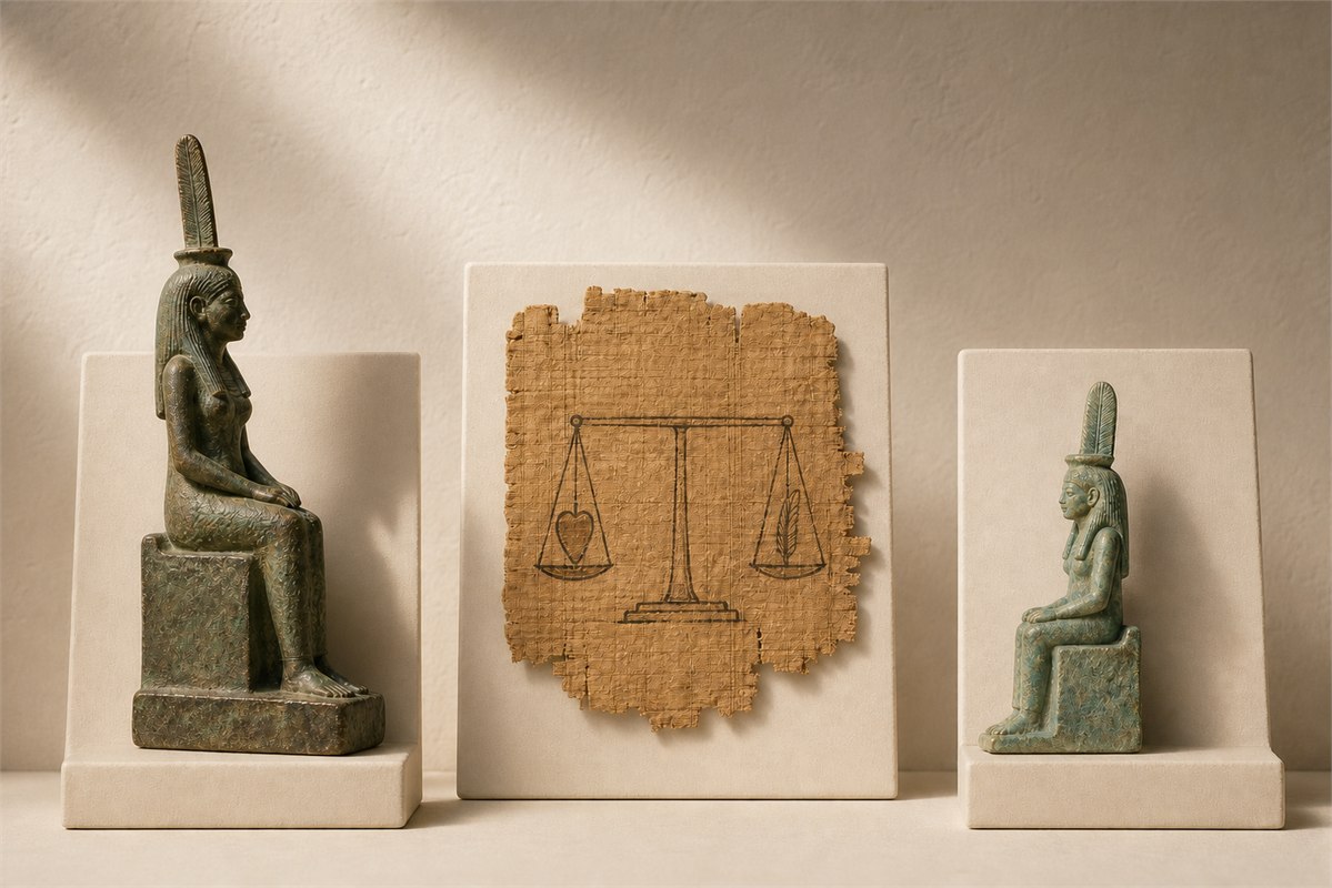 Museum-style group with a bronze Ma’at figure, a papyrus judgment fragment, and a small seated goddess image displayed as separate object types