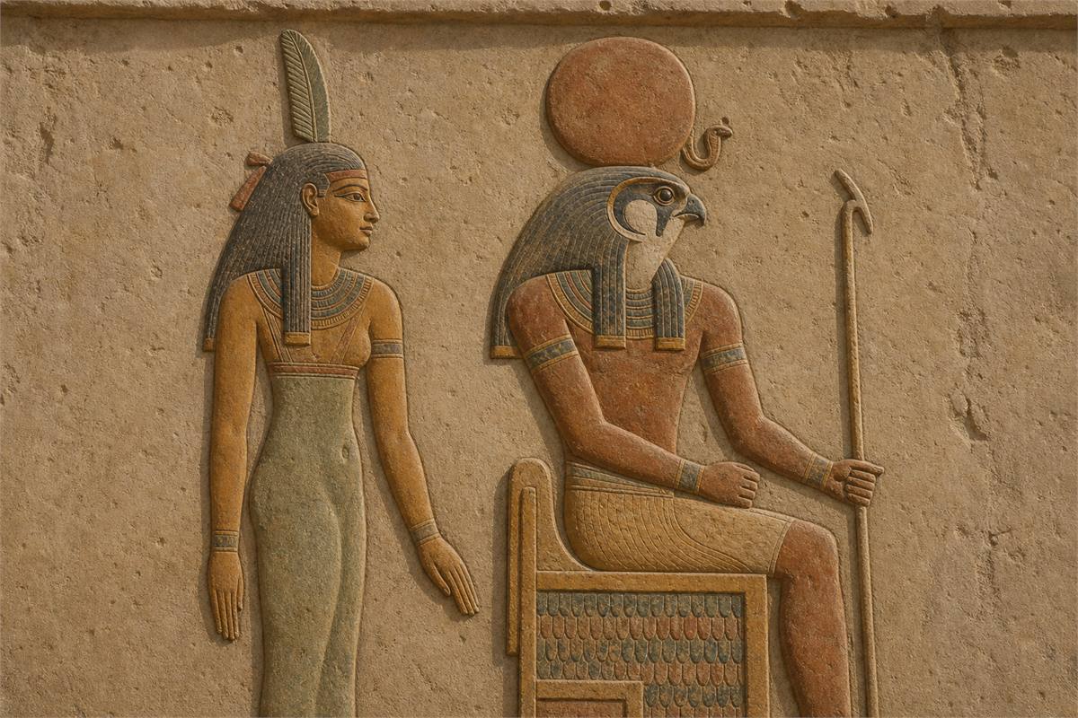 Educational temple relief study showing Ma’at beside a seated solar deity with a restrained sun disk