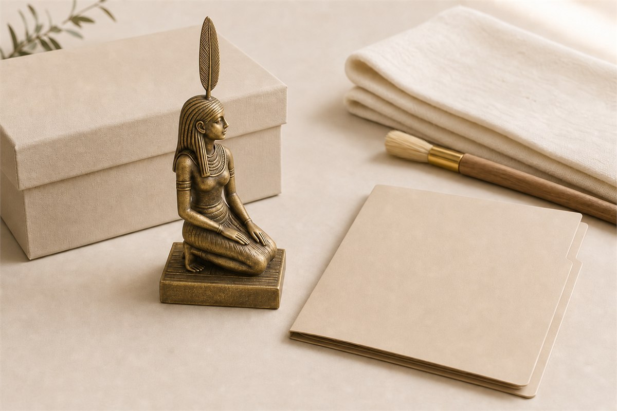 Modern Ma’at replica figure with blank documentation folder, soft brush, cloth, and storage box on a neutral work surface