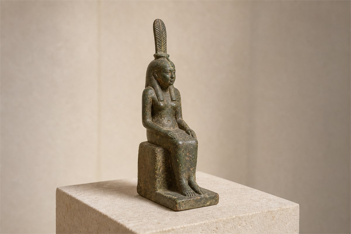Museum-style study of a small seated ancient Egyptian Ma’at figure wearing a single tall feather