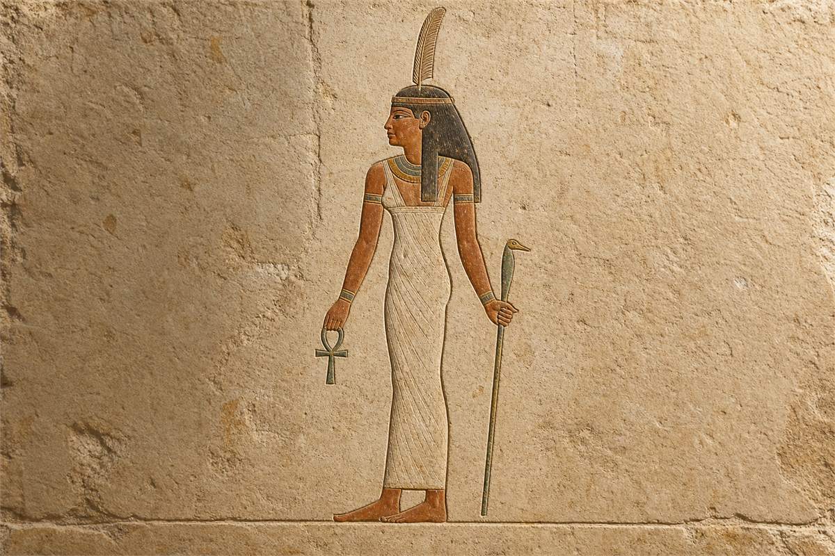 Educational ancient Egyptian relief reconstruction of Ma’at as a woman wearing one tall feather and holding an ankh and scepter