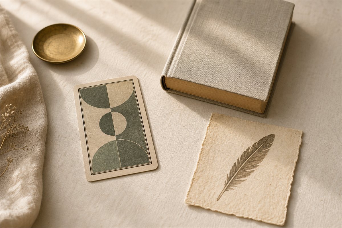 Editorial still life with a modern blank tarot card, a twentieth-century book, and a separate Ma’at feather study
