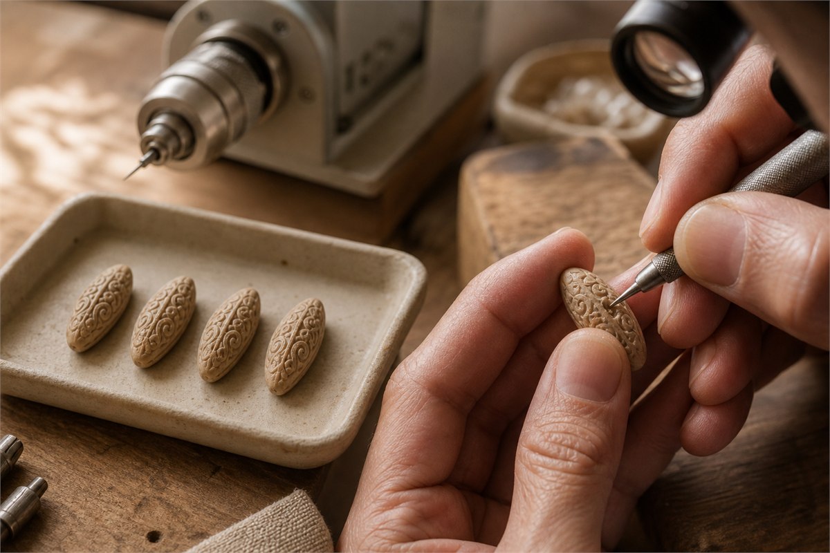 Repeated milled olive-pit blanks beside a craftsperson refining one bead by hand