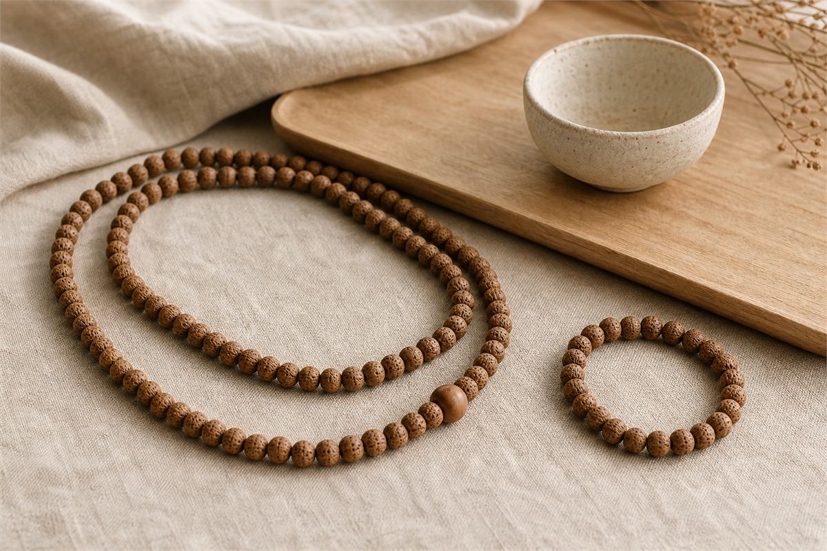 Long natural seed mala coiled beside a separate wrist-sized seed-bead bracelet on linen