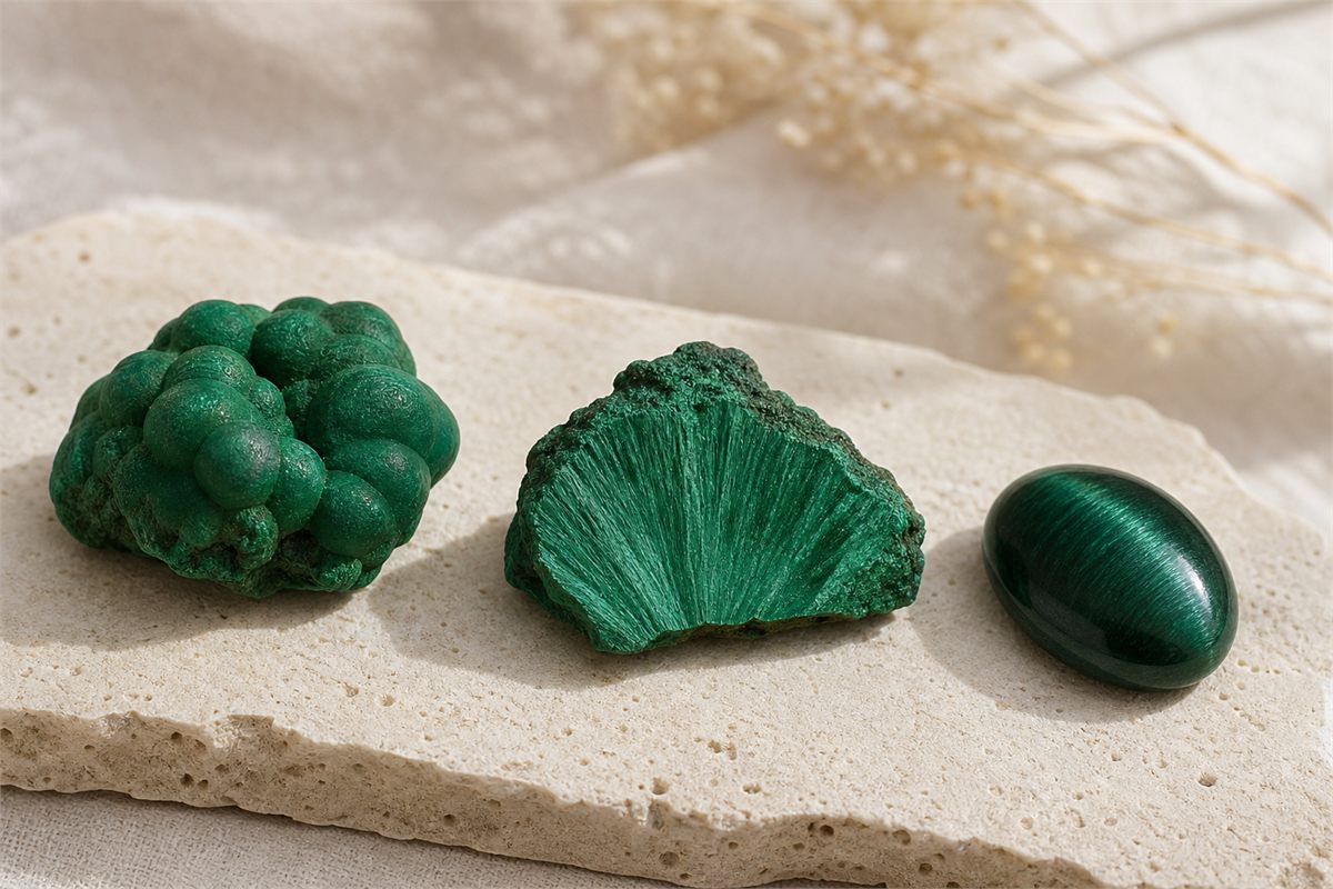 Botryoidal malachite specimen, radiating fibrous aggregate, and domed chatoyant malachite cabochon
