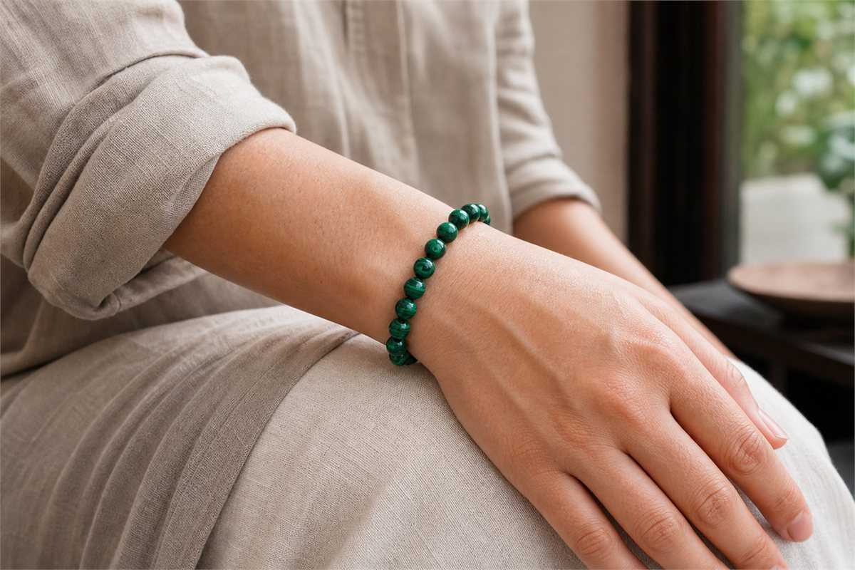 Person wearing a single malachite bracelet with neutral linen clothing in a calm indoor setting