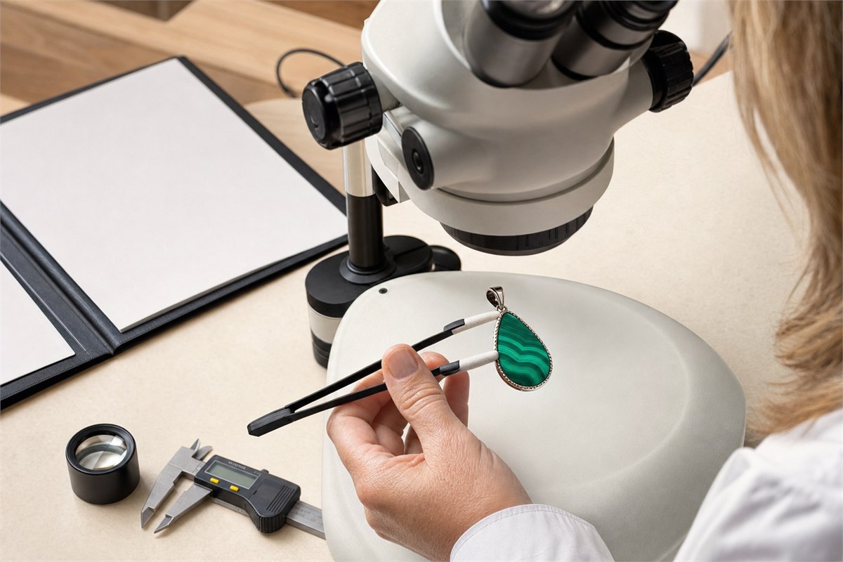 Gemologist examining the back and edge of a malachite pendant under magnification and neutral light