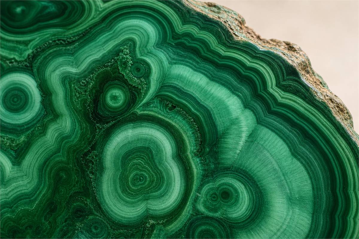 Macro view of polished natural malachite with irregular concentric eyes, wavy bands, and fine fibrous texture