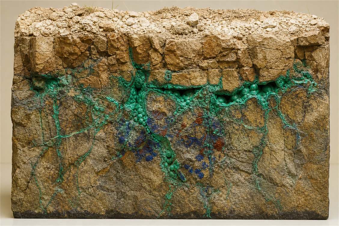 Geological cutaway showing green malachite lining fractures in the near-surface oxidation zone of a copper deposit