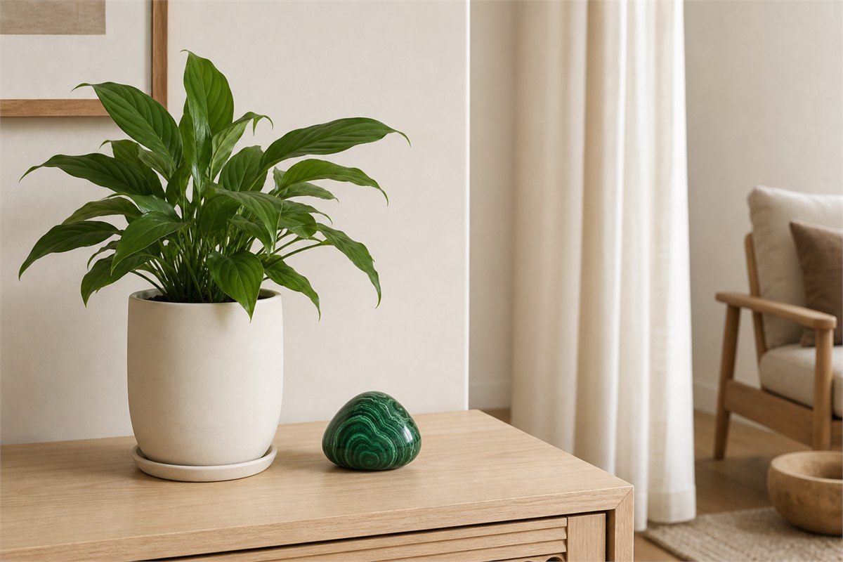Malachite object with pale wood, a living plant, and open space in a calm home interior