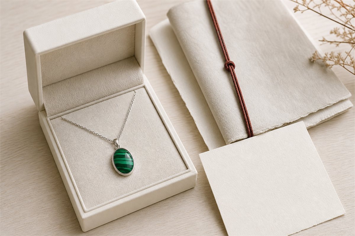 Malachite pendant in a fabric-lined gift box with neutral paper wrap and a blank card