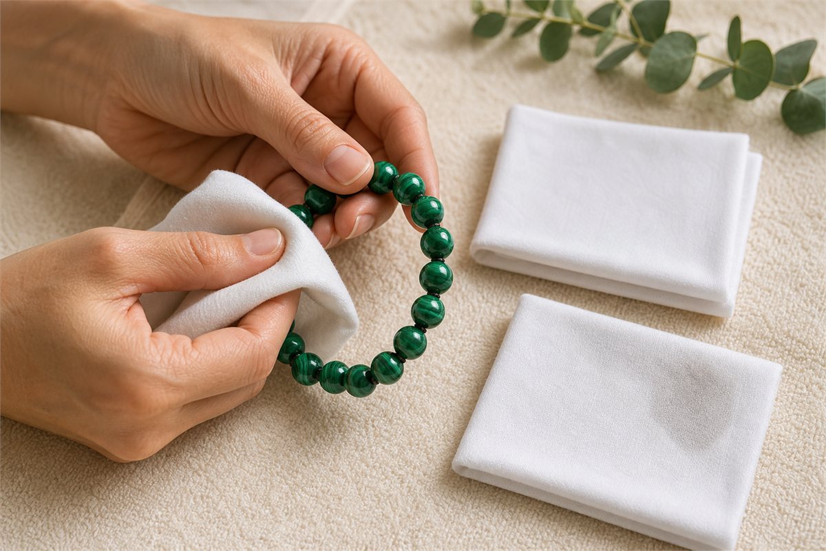 Hands gently wiping a malachite bracelet with a dry soft lint-free cloth beside a separate barely damp cloth
