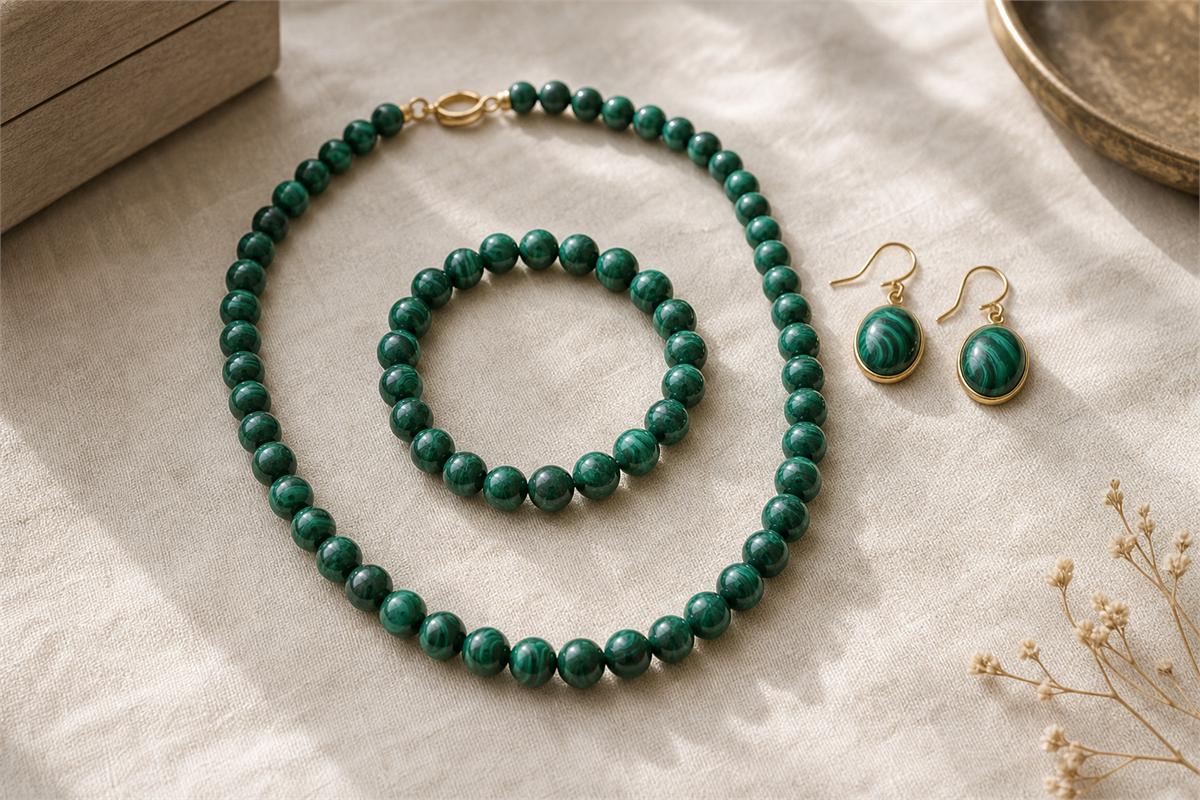 Malachite bead necklace, single-strand bracelet, and cabochon earrings with realistic metal findings