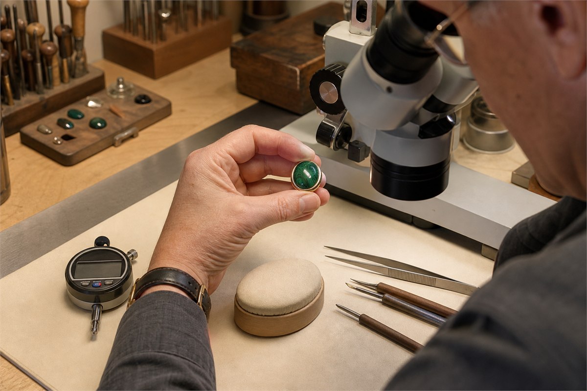 Jeweler examining a chipped malachite cabochon in its setting under magnification before repair